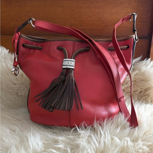 Brighton Red Leather Bucket Crossbody Bag Tassels Silver Hardware - Picture 1 of 5